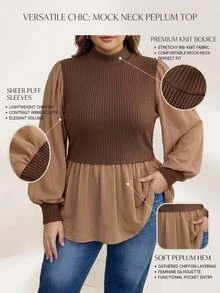 SHEIN CURVE+ Atasan Peplum Rajut Patchwork Kasual Lengan Panjang Wanita Ukuran Besar untuk Musim Dingin - Coklat - View 9
