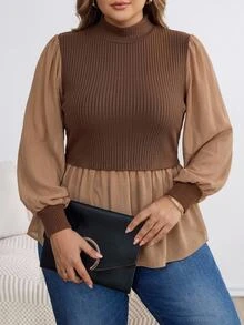 SHEIN CURVE+ Atasan Peplum Rajut Patchwork Kasual Lengan Panjang Wanita Ukuran Besar untuk Musim Dingin - Coklat - View 4