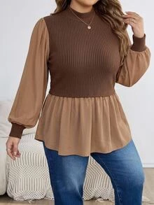 SHEIN CURVE+ Atasan Peplum Rajut Patchwork Kasual Lengan Panjang Wanita Ukuran Besar untuk Musim Dingin - Coklat - View 7