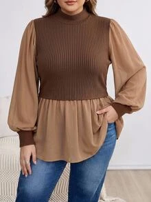 SHEIN CURVE+ Atasan Peplum Rajut Patchwork Kasual Lengan Panjang Wanita Ukuran Besar untuk Musim Dingin - Coklat - View 6