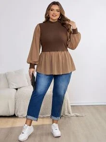 SHEIN CURVE+ Atasan Peplum Rajut Patchwork Kasual Lengan Panjang Wanita Ukuran Besar untuk Musim Dingin - Coklat - View 5