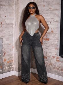 Slaydiva Plus Size Women Y2K Black Rhinestone Sparkly High Waist Wide Leg Denim Jeans Fall Party Going Out Vintage Loose Pants - Black - View 6