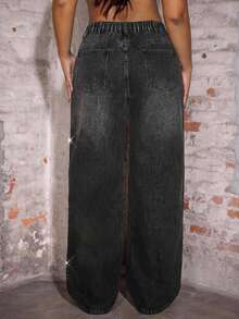 Slaydiva Plus Size Women Y2K Black Rhinestone Sparkly High Waist Wide Leg Denim Jeans Fall Party Going Out Vintage Loose Pants - Black - View 2