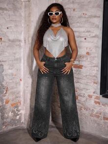 Slaydiva Plus Size Women Y2K Black Rhinestone Sparkly High Waist Wide Leg Denim Jeans Fall Party Going Out Vintage Loose Pants - Black - View 7