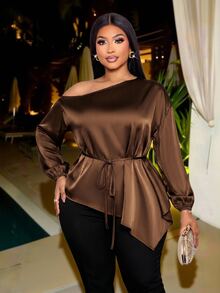 SOLERSUN Damen-Bluse in Große Größen aus einfarbigem Satin mit asymmetrischem Ausschnitt und langen Ärmeln, verstellbare geraffte Taille, asymmetrischer Saum, Kombination aus lässigem und elegantem Stil, elegante lockere Bluse aus Kunstseide, geeignet für Alltag, Dates und Arbeitsplatz, vielseitig für verschiedene Anlässe, Partys, Musikfestivals und tägliches Pendeln, für alle Jahreszeiten - Braun - Übersicht 3