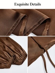 SOLERSUN Damen-Bluse in Große Größen aus einfarbigem Satin mit asymmetrischem Ausschnitt und langen Ärmeln, verstellbare geraffte Taille, asymmetrischer Saum, Kombination aus lässigem und elegantem Stil, elegante lockere Bluse aus Kunstseide, geeignet für Alltag, Dates und Arbeitsplatz, vielseitig für verschiedene Anlässe, Partys, Musikfestivals und tägliches Pendeln, für alle Jahreszeiten - Braun - Übersicht 7