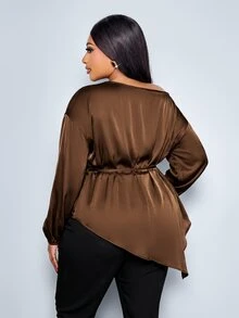 SOLERSUN Damen-Bluse in Große Größen aus einfarbigem Satin mit asymmetrischem Ausschnitt und langen Ärmeln, verstellbare geraffte Taille, asymmetrischer Saum, Kombination aus lässigem und elegantem Stil, elegante lockere Bluse aus Kunstseide, geeignet für Alltag, Dates und Arbeitsplatz, vielseitig für verschiedene Anlässe, Partys, Musikfestivals und tägliches Pendeln, für alle Jahreszeiten - Braun - Übersicht 5