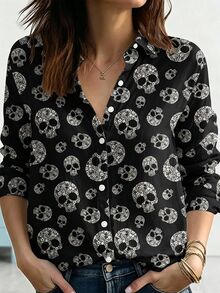 EMERY ROSE 復古休閒優雅花卉亞麻感襯衫女式上衣，牡丹花，浪漫夏季，秋季亡靈節之夜度假禮物，黑色 - 彩色 - 查看 3