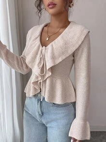 SHEIN Elenzya Beige Ruffle Collar Tie‑Up Cropped Cardigan, Long Sleeve Peplum Hem Thin Knit Fall Open Front Sweater - Apricot - View 5