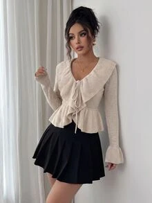 SHEIN Elenzya Beige Ruffle Collar Tie‑Up Cropped Cardigan, Long Sleeve Peplum Hem Thin Knit Fall Open Front Sweater - Apricot - View 6