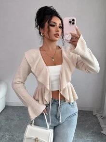 SHEIN Elenzya Beige Ruffle Collar Tie‑Up Cropped Cardigan, Long Sleeve Peplum Hem Thin Knit Fall Open Front Sweater - Apricot - View 3