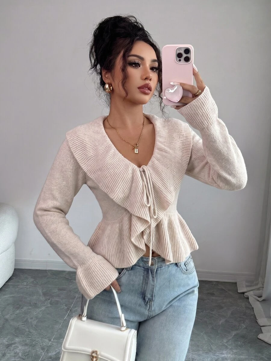 SHEIN Elenzya Beige Ruffle Collar Tie‑Up Cropped Cardigan, Long Sleeve Peplum Hem Thin Knit Fall Open Front Sweater - Apricot - View 1