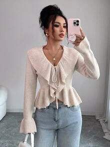 SHEIN Elenzya Beige Ruffle Collar Tie‑Up Cropped Cardigan, Long Sleeve Peplum Hem Thin Knit Fall Open Front Sweater - Apricot - View 4