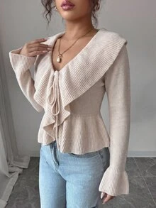 SHEIN Elenzya Beige Ruffle Collar Tie‑Up Cropped Cardigan, Long Sleeve Peplum Hem Thin Knit Fall Open Front Sweater - Apricot - View 7