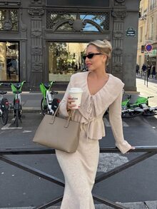 SHEIN Elenzya Beige Ruffle Collar Tie‑Up Cropped Cardigan, Long Sleeve Peplum Hem Thin Knit Fall Open Front Sweater - Apricot - View 8