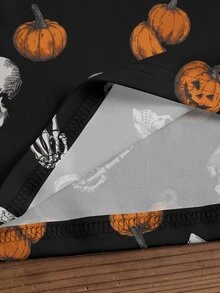 EMERY ROSE Plus Size Women's Round Neck Halloween Skull Pumpkin All-Over Print Short Sleeve Top Casual T-Shirt - Multicolor - View 5
