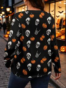 EMERY ROSE Plus Size Women's Round Neck Halloween Skull Pumpkin All-Over Print Short Sleeve Top Casual T-Shirt - Multicolor - View 2