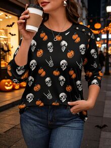 EMERY ROSE Plus Size Women's Round Neck Halloween Skull Pumpkin All-Over Print Short Sleeve Top Casual T-Shirt - Multicolor - View 3