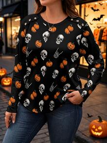 EMERY ROSE Plus Size Women's Round Neck Halloween Skull Pumpkin All-Over Print Short Sleeve Top Casual T-Shirt - Multicolor - View 1