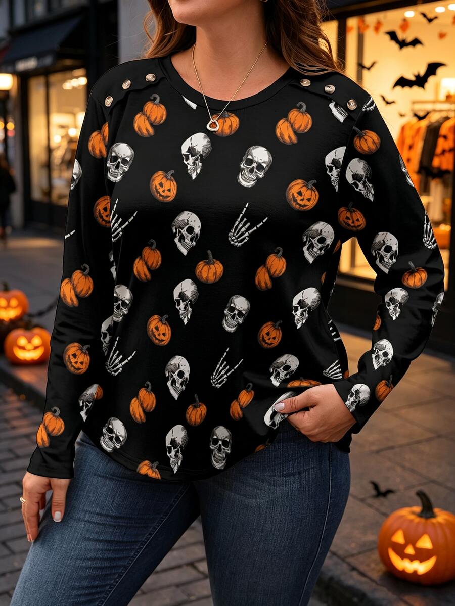 EMERY ROSE Plus Size Women's Round Neck Halloween Skull Pumpkin All-Over Print Short Sleeve Top Casual T-Shirt - Multicolor - View 1