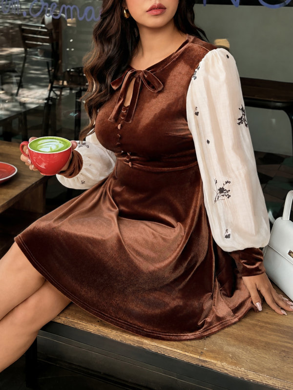 Easura Plus Size Women's Autumn/Winter Casual Daily Afternoon Tea Outfit Elastic Glossy Fabric Embroidered No Decoration Long Sleeve Short Waist-Cinching Flared Dress