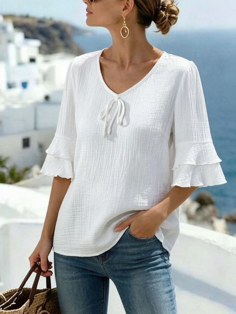Yunfilé Short Sleeve V-Neck Casual Linen Blouse With Ruffled Hemline For Women - White - View 1