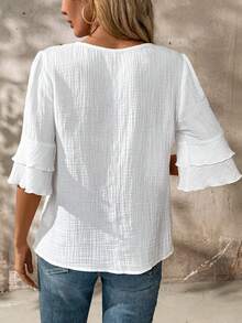 Yunfilé Short Sleeve V-Neck Casual Linen Blouse With Ruffled Hemline For Women - White - View 2