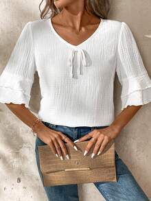 Yunfilé Short Sleeve V-Neck Casual Linen Blouse With Ruffled Hemline For Women - White - View 6