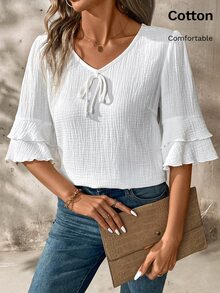 Yunfilé Short Sleeve V-Neck Casual Linen Blouse With Ruffled Hemline For Women - White - View 3