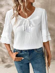 Yunfilé Short Sleeve V-Neck Casual Linen Blouse With Ruffled Hemline For Women - White - View 5