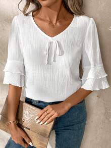 Yunfilé Short Sleeve V-Neck Casual Linen Blouse With Ruffled Hemline For Women - White - View 8