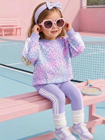 Lilac Purple, Neon Rainbow Colorful Leopard Print, Baby Girl Casual Comfortable Soft Loose Pullover Sweatshirt & Brushed Leggings 2 Pieces Set, New Style Suitable For Autumn Daily, Chic, Sports, Campus, Music Festival, Back To School, Sweet & Playful, Sweet & Cool, Fashionable & Energetic Collegiate Style, Personalized Relaxed Fashion, Cyber Sweetheart, Y2K