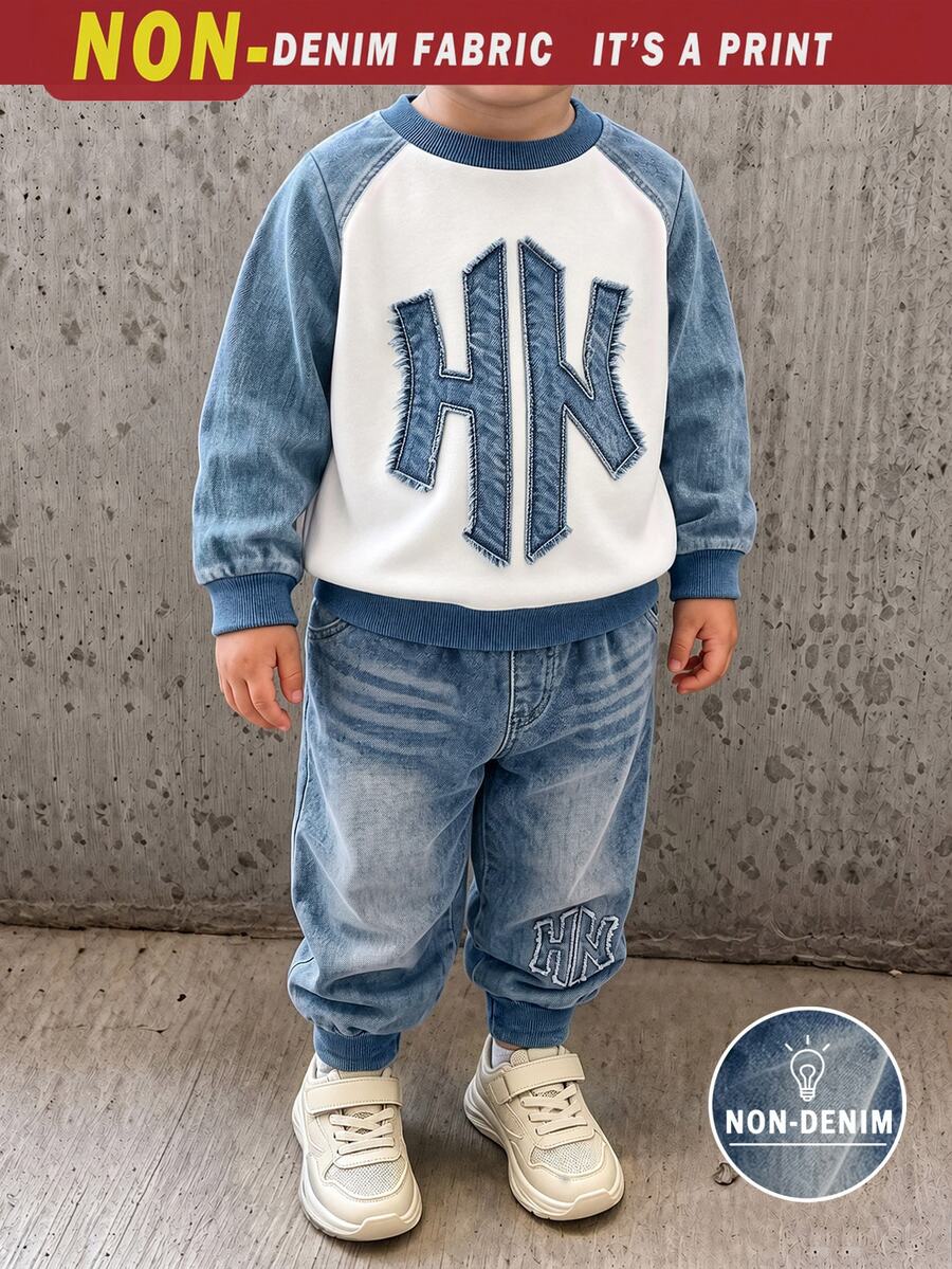 Boys (Small) Sweatshirt Set, Crew Neck Sweatshirt, Main Body In Beige, Sleeves In Denim Effect Washed Blue; Large HN Logo On Chest; Collar, Cuffs, And Hem In Blue Ribbed Trim, Matching Denim Effect Joggers With Washed White Texture, Same HN Pattern On Lower Leg, Ribbed Cuffs - Multicolor - View 1