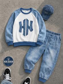 Boys (Small) Sweatshirt Set, Crew Neck Sweatshirt, Main Body In Beige, Sleeves In Denim Effect Washed Blue; Large HN Logo On Chest; Collar, Cuffs, And Hem In Blue Ribbed Trim, Matching Denim Effect Joggers With Washed White Texture, Same HN Pattern On Lower Leg, Ribbed Cuffs - Multicolor - View 6