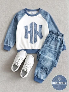 Boys (Small) Sweatshirt Set, Crew Neck Sweatshirt, Main Body In Beige, Sleeves In Denim Effect Washed Blue; Large HN Logo On Chest; Collar, Cuffs, And Hem In Blue Ribbed Trim, Matching Denim Effect Joggers With Washed White Texture, Same HN Pattern On Lower Leg, Ribbed Cuffs - Multicolor - View 4