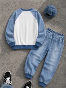 Boys (Small) Sweatshirt Set, Crew Neck Sweatshirt, Main Body In Beige, Sleeves In Denim Effect Washed Blue; Large HN Logo On Chest; Collar, Cuffs, And Hem In Blue Ribbed Trim, Matching Denim Effect Joggers With Washed White Texture, Same HN Pattern On Lower Leg, Ribbed Cuffs - Multicolor - View 2