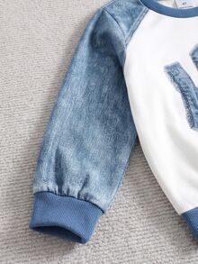 Boys (Small) Sweatshirt Set, Crew Neck Sweatshirt, Main Body In Beige, Sleeves In Denim Effect Washed Blue; Large HN Logo On Chest; Collar, Cuffs, And Hem In Blue Ribbed Trim, Matching Denim Effect Joggers With Washed White Texture, Same HN Pattern On Lower Leg, Ribbed Cuffs - Multicolor - View 5