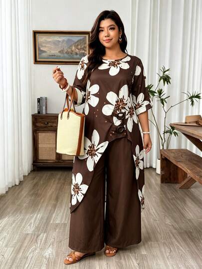 Weeklong Plus Size Women's Spring/Autumn Brown Floral Print Mid-Sleeve Long Sleeve 2-In-1 Crew Neck Loose Asymmetrical Long Shirt With Button Decor And Straight Wide Leg Pants 2-Piece Set, Casual Vacation Outing Comfortable Daily Versatile