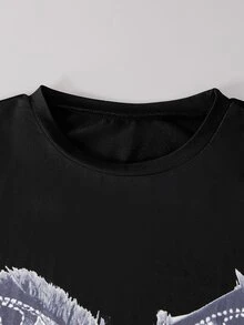 SHEIN Tween Girls 2pcs/Set Short Sleeve Round Neck Butterfly Print T-Shirt And Denim Effect Flare Pants S Set, Summer, Cute, Casual, Outfit - Black - View 6