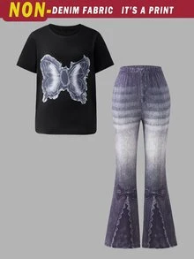 SHEIN Tween Girls 2pcs/Set Short Sleeve Round Neck Butterfly Print T-Shirt And Denim Effect Flare Pants S Set, Summer, Cute, Casual, Outfit - Black - View 5