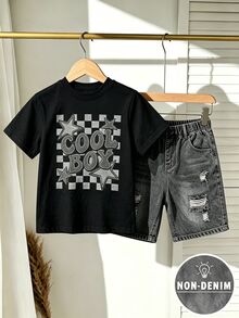 2件組青少年男孩酷炫字母與格紋印花時尚T恤短褲套裝，圓領短袖T恤搭配運動短褲，適合假期派對、春夏休閒穿著，舒適自在，夏季首選，街頭風休閒穿搭，開學季適用 - 彩色 - 查看 3
