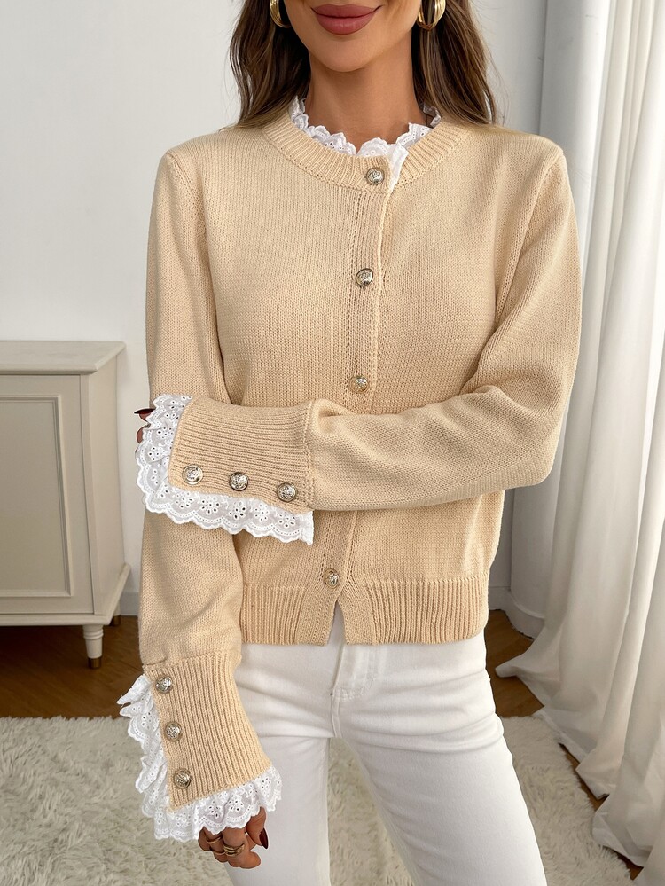 Selianne Contrast Lace Button Front Cardigan - Apricot - View 3
