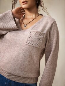 Nubod Plus Size Minimalist Button Pocket Long Sleeve Pullover Sweater - Apricot - View 8