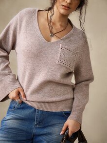 Nubod Plus Size Minimalist Button Pocket Long Sleeve Pullover Sweater - Apricot - View 5