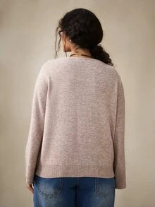 Nubod Plus Size Minimalist Button Pocket Long Sleeve Pullover Sweater - Apricot - View 2