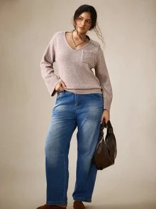 Nubod Plus Size Minimalist Button Pocket Long Sleeve Pullover Sweater - Apricot - View 4
