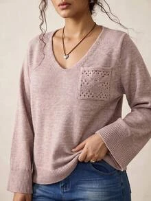 Nubod Plus Size Minimalist Button Pocket Long Sleeve Pullover Sweater - Apricot - View 1