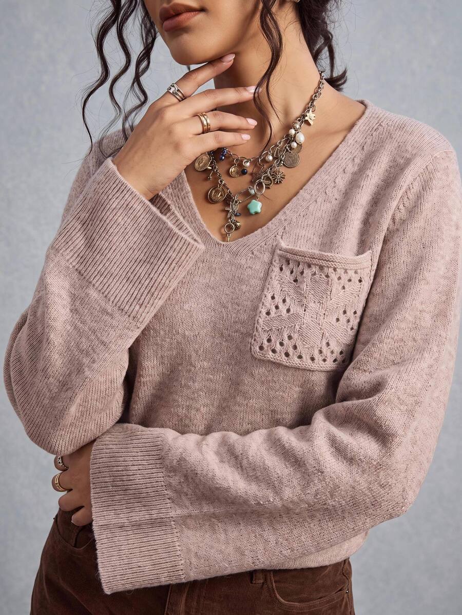 Nubod Plus Size Minimalist Button Pocket Long Sleeve Pullover Sweater - Apricot - View 1