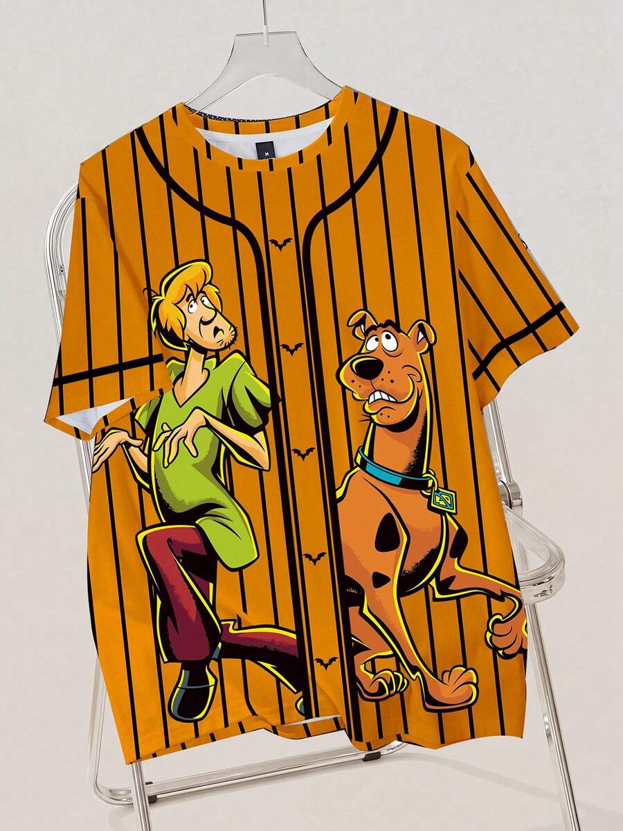 SCOOBY-DOO X SHEIN 男士條紋圓領短袖休閒T恤 -DOO - 白色 - 查看 1