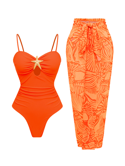 Swim Oasis 1 pieza Traje de baño de unicolor para mujer con decoración de estrella de mar metálica, conjunto de 2 piezas vestido de playa sexy para vacaciones, conjunto de ropa de verano para mujer, ropa de playa para mujer